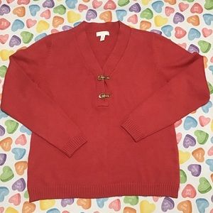Charter Club Hot Pink Long Sleeve V-neck Sweater with Gold Clip Hook Closure